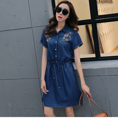 ĐẦM JEAN CỔ SƠ MI THẮT EO THÊU HOA 
